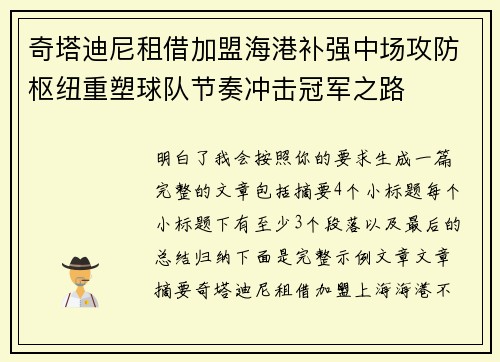 奇塔迪尼租借加盟海港补强中场攻防枢纽重塑球队节奏冲击冠军之路